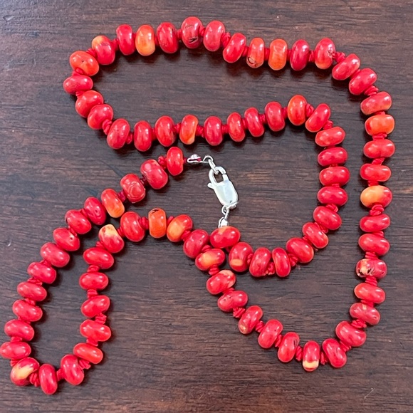 Red coral bead solid sterling silver long necklace - Picture 2 of 9